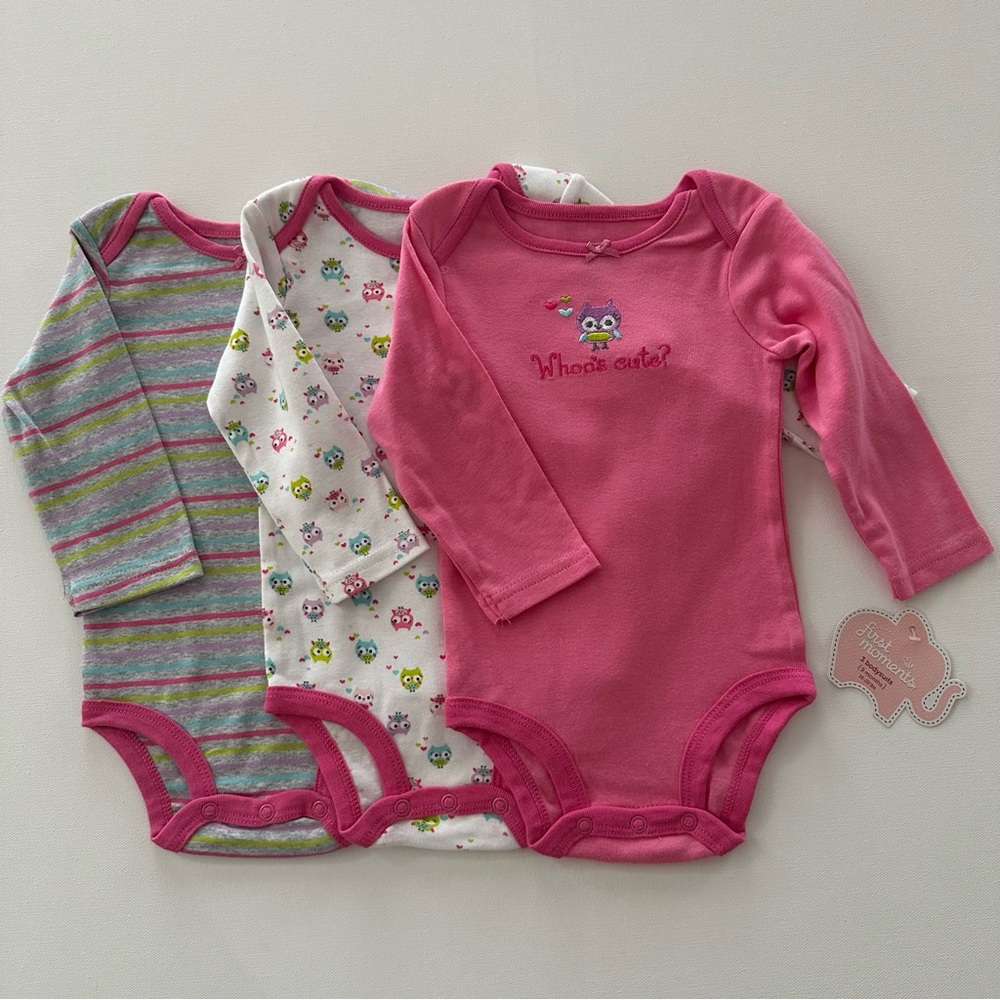 First Moments 3 9 Months Baby Girl Owl Long Sleeve Bodysuit Set NWT Pink Gray